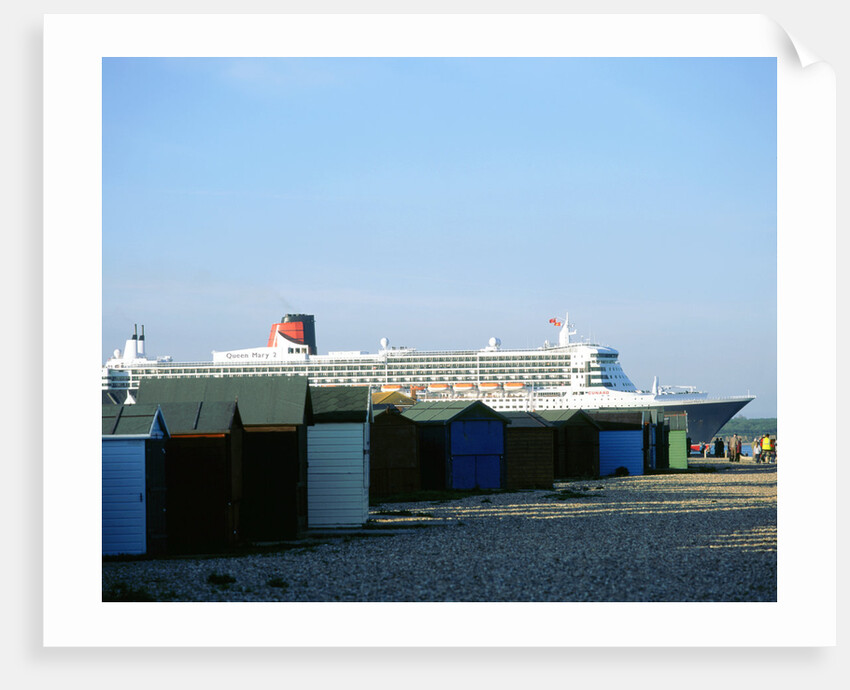 Queen Mary II sails past Beach Huts, Calshot May 2004 by Unknown