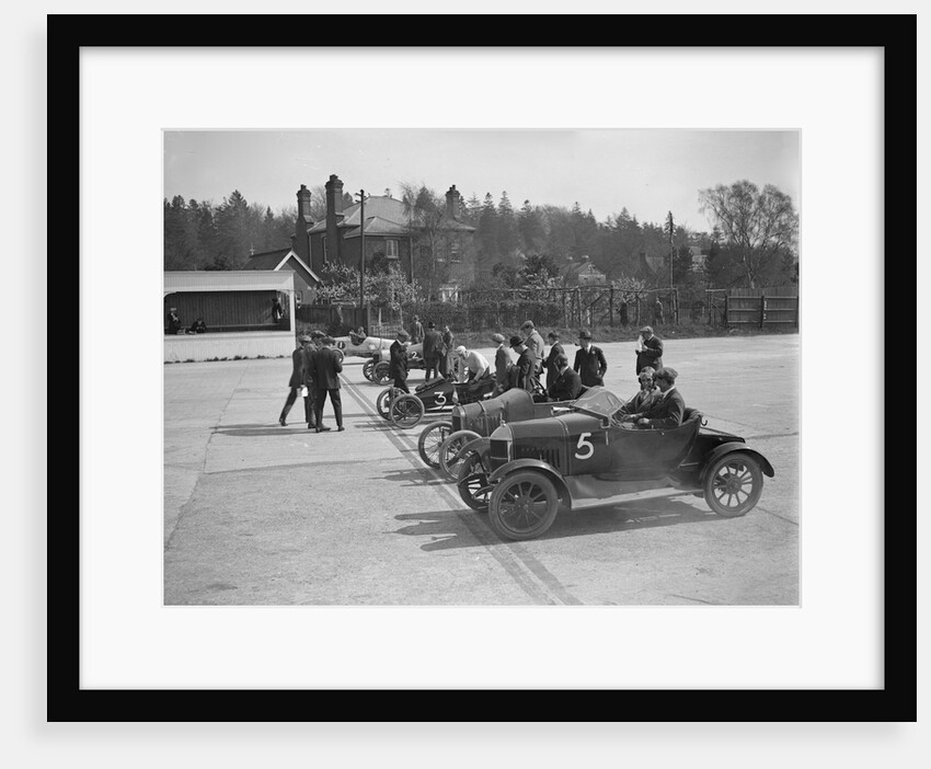 Morris, Morgan and Crouch cars on the start line of a motor race, Brooklands, 1914 by Bill Brunell