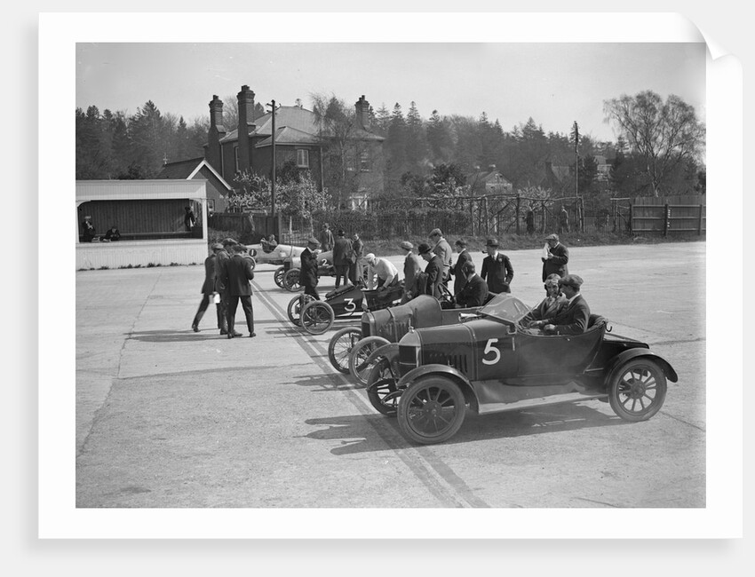 Morris, Morgan and Crouch cars on the start line of a motor race, Brooklands, 1914 by Bill Brunell