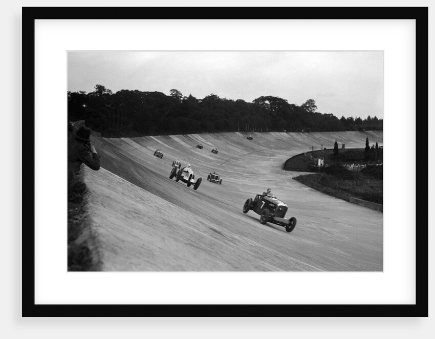 Bentley leading a Barnato-Hassan Special and a Jensen, October Long Handicap, Brooklands, 1938 by Bill Brunell