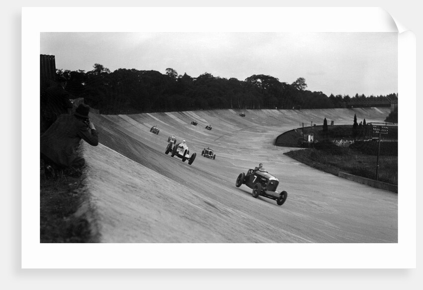 Bentley leading a Barnato-Hassan Special and a Jensen, October Long Handicap, Brooklands, 1938 by Bill Brunell