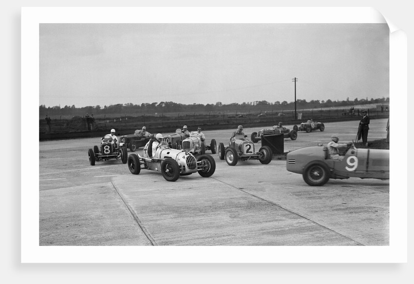 Cars racing at the BARC Meeting on the Campbell Circuit, Brooklands, 15 October 1938 by Bill Brunell