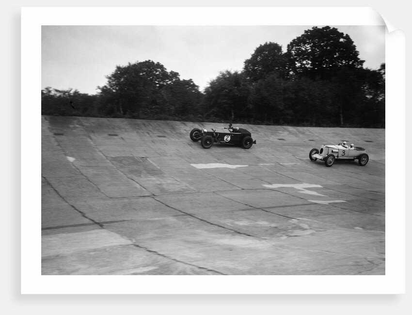 Invicta and Vauxhall 30/98 racing on the banking at an Inter-Club Meeting, Brooklands, 20 June 1931 by Bill Brunell