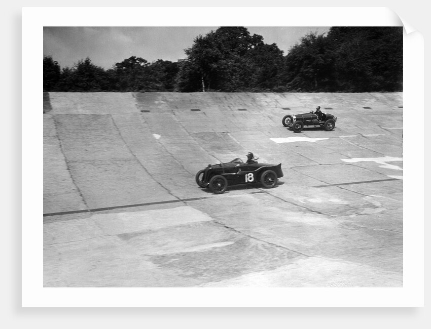 MG C type and Amilcar C6 racing on the banking at Brooklands by Bill Brunell