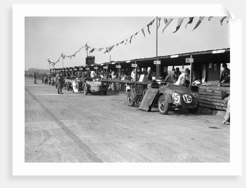 Talbot 105 and Lea-Francis cars in the pits at the JCC Double Twelve race, Brooklands, 8/9 May 1931 by Bill Brunell