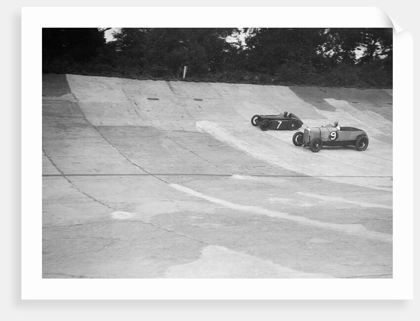 Austin 747 cc works racer and another car on the Members Banking at Brooklands by Bill Brunell