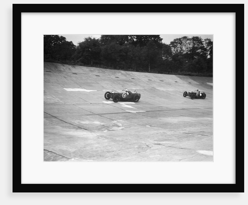 Two Riley 9 Brooklands racing on the banking at a JCC Members Day, Brooklands by Bill Brunell