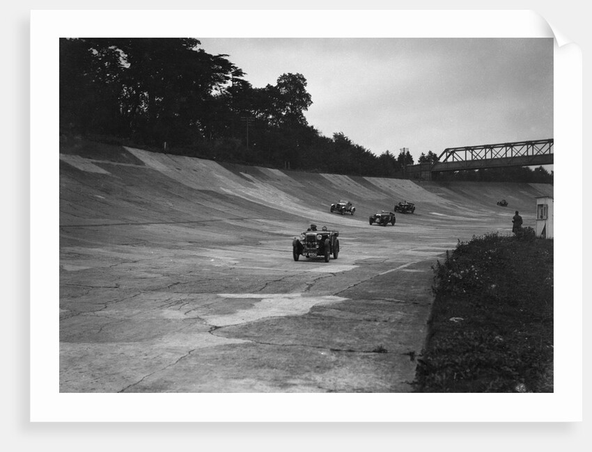Cars racing on the Members Banking at a JCC Members Day, Brooklands by Bill Brunell