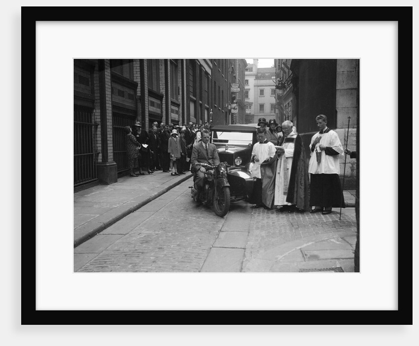600 cc Douglas motorcycle combination and a Morris Minor at a motor vehicle blessing ceremony by Bill Brunell