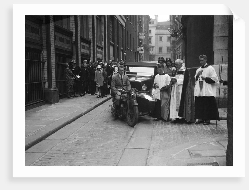 600 cc Douglas motorcycle combination and a Morris Minor at a motor vehicle blessing ceremony by Bill Brunell