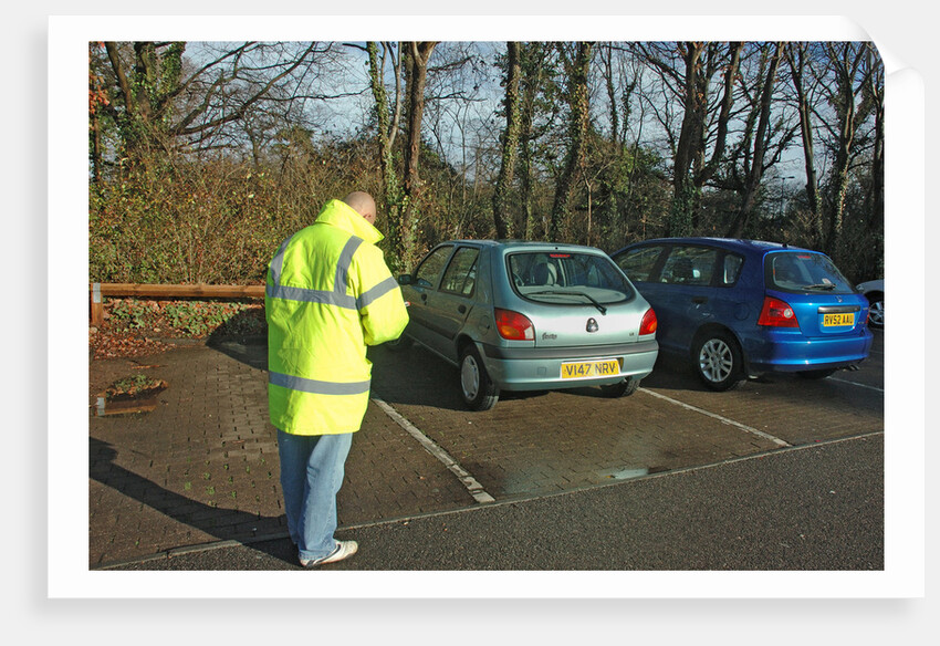 Car Park attendant recording car registration numbers by Unknown