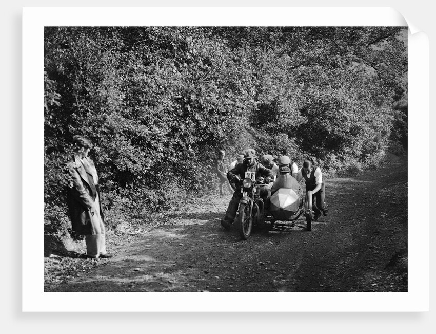 Motorcycle and sidecar competing in the Brighton and Hove Motor Club Brighton-Beer Trial, 1930 by Bill Brunell