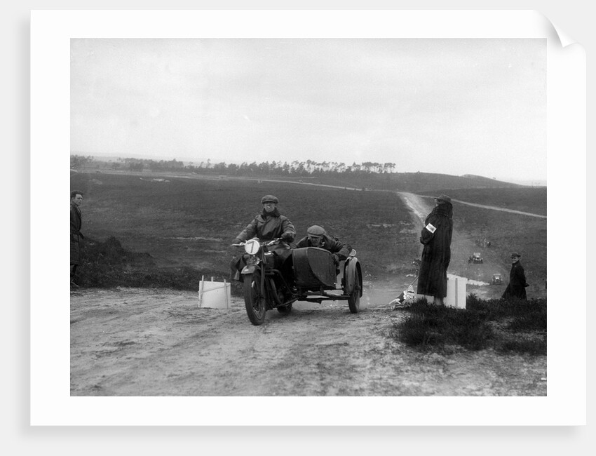 Motorcycle and sidecar competing in a motoring trial, Bagshot Heath, Surrey, 1930s by Bill Brunell