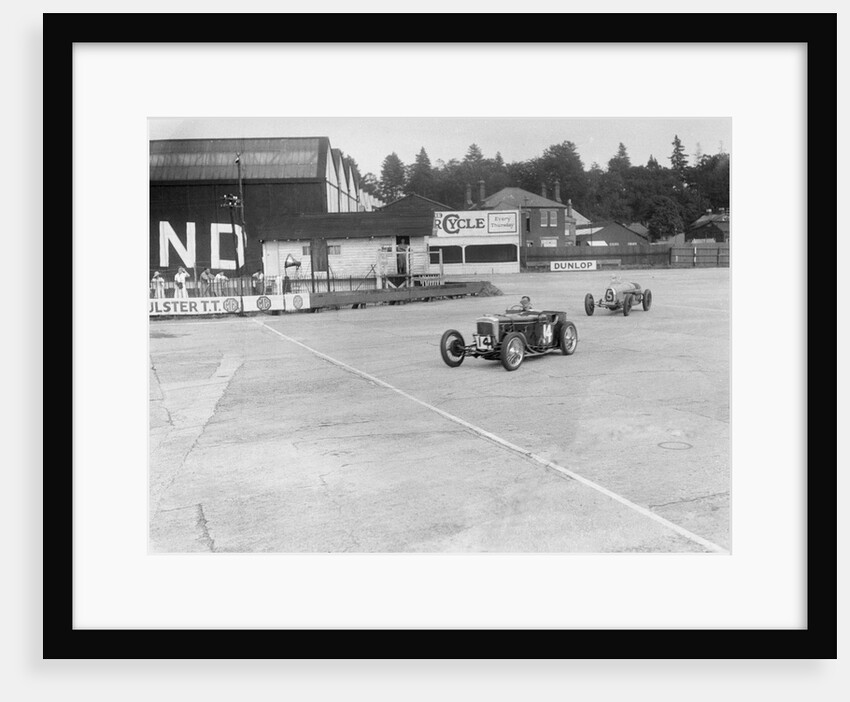 Frazer-Nash of RT Grogan leading Jack Lemon Burton's Bugatti T37, BARC meeting, Brooklands, 1933 by Bill Brunell