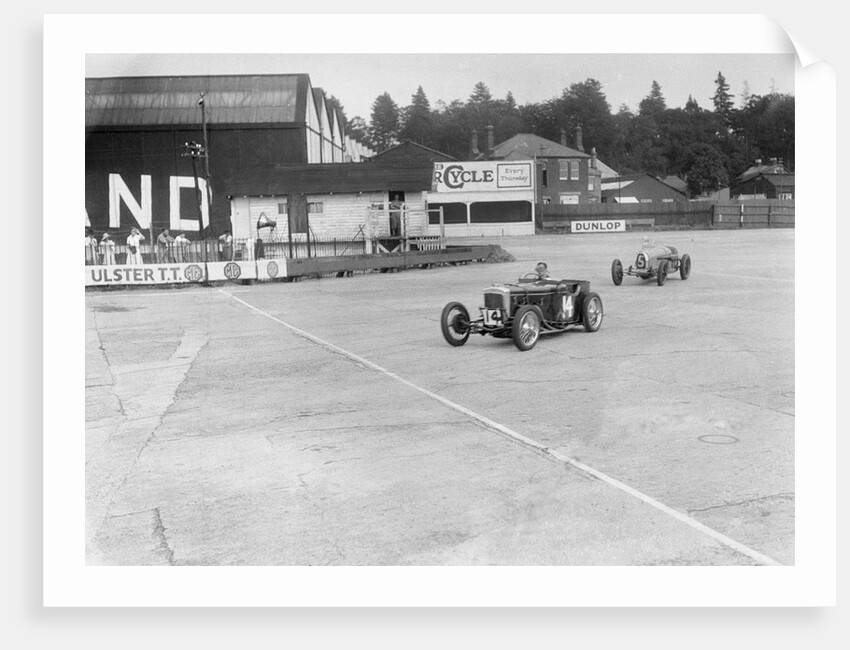 Frazer-Nash of RT Grogan leading Jack Lemon Burton's Bugatti T37, BARC meeting, Brooklands, 1933 by Bill Brunell