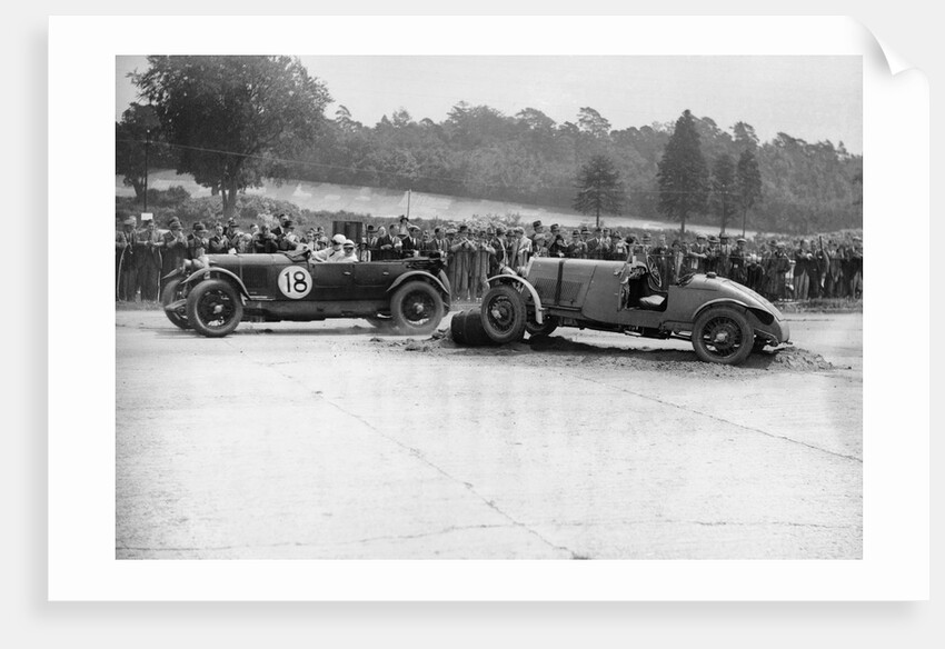 Lagonda passing R Childe's crashed Lea-Francis, BARC 6-Hour Race, Brooklands, Surrey, 1929, by Bill Brunell