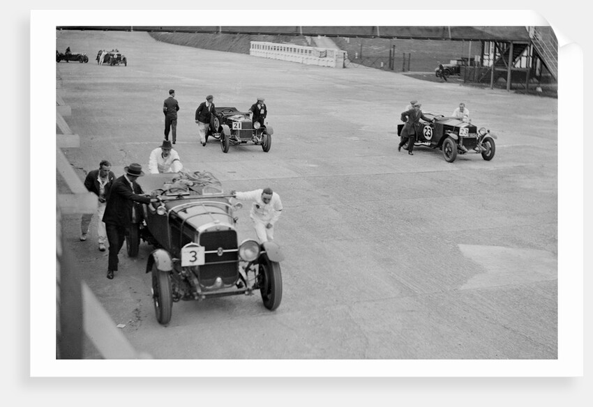Studebaker and two OMs at the JCC Double Twelve Race, Brooklands, Surrey, 1929 by Bill Brunell