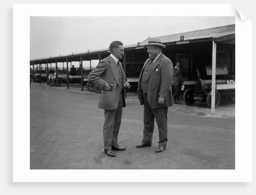 Two men chatting at Brooklands motor racing circuit, Surrey, 1920s by Bill Brunell