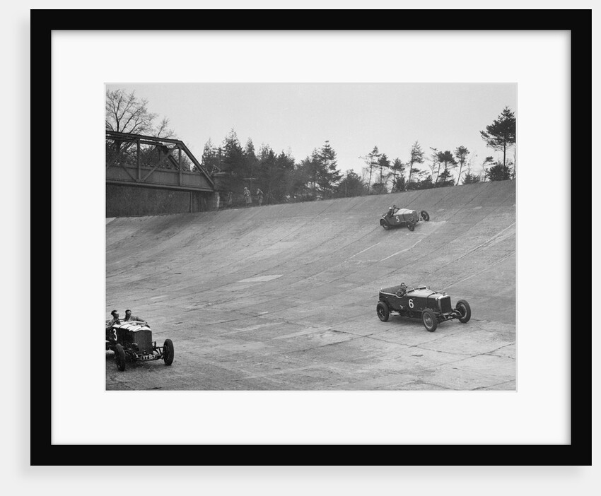Bentley of Major H Butler and Sunbeam of BO Davis racing at a BARC meeting, Brooklands, 1930 by Bill Brunell