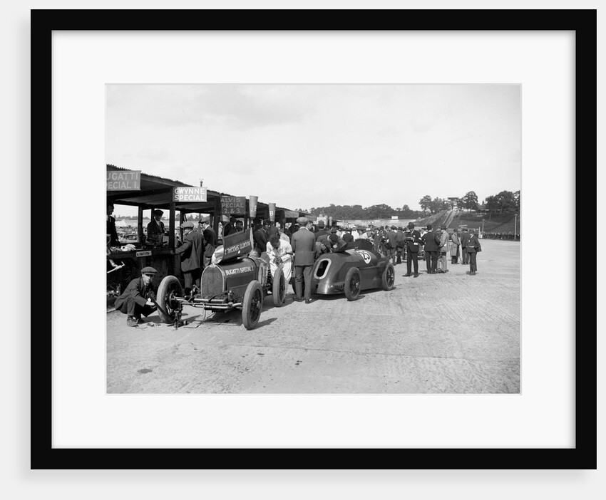 Bugatti Special 1 and Gwynne Special in the pits at a BARC meeting, Brooklands, 1933 by Bill Brunell