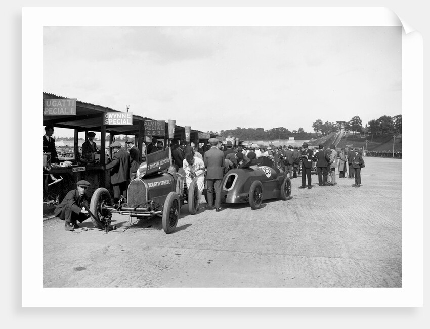 Bugatti Special 1 and Gwynne Special in the pits at a BARC meeting, Brooklands, 1933 by Bill Brunell