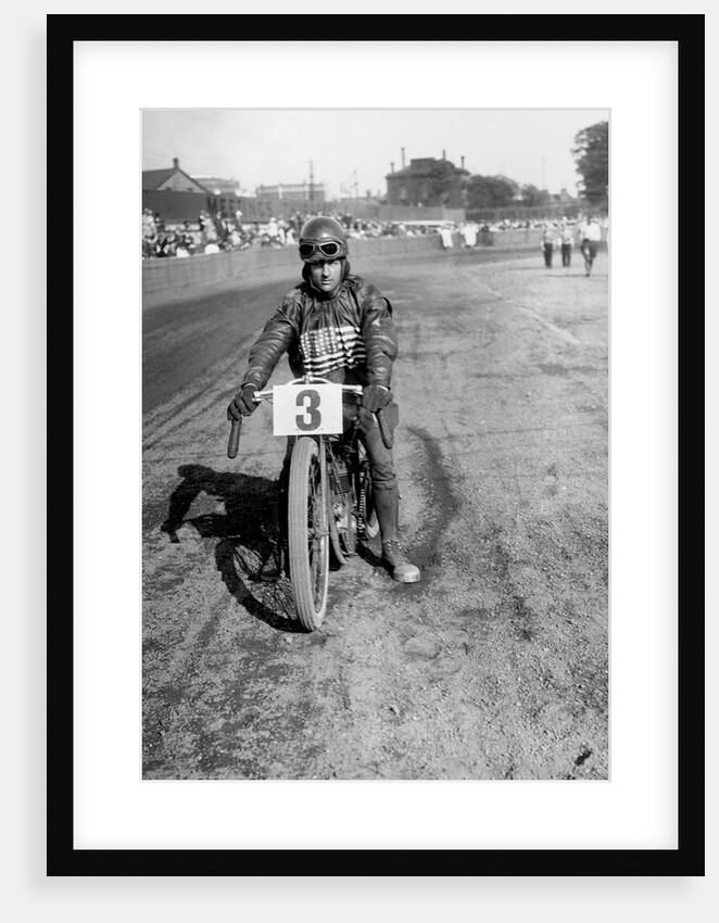 American speedway rider Art Pecha on his Harley-Davidson, Lea Bridge Stadium, Leyton, London, 1928 by Bill Brunell