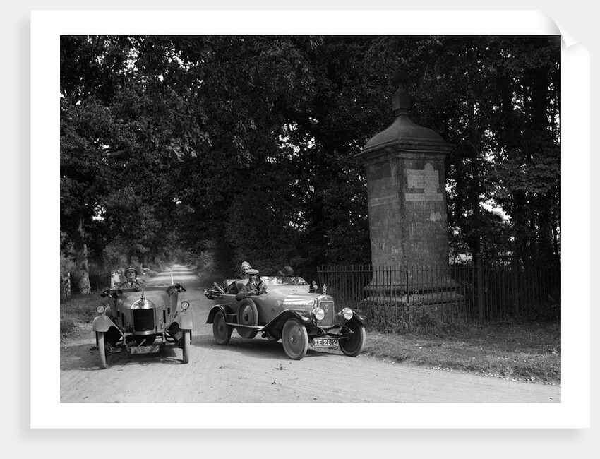 Calthorpe and Morris passing the Four Shire Stone, near Broadway, Worcestershire, c1920s by Bill Brunell