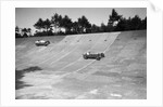 Two Bugatti Type 35s racing on the Members Banking at Brooklands by Bill Brunell