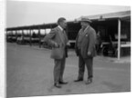 Two men chatting at Brooklands motor racing circuit, Surrey, 1920s by Bill Brunell