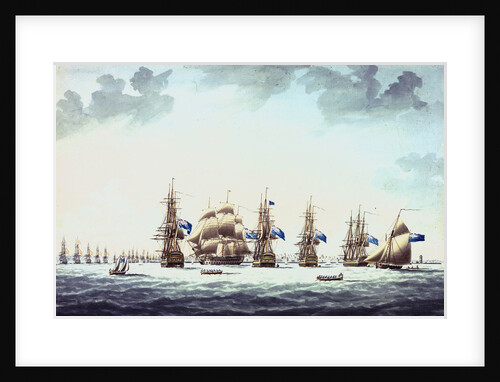 Cadiz, June 1797: the inshore blockading squadron coming to an anchor; 'Bellerophon', 'Orion', 'Theseus', 'Colos' and 'Irresistable' by Thomas Buttersworth