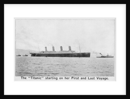 Passenger liner 'Titanic' (Br, 1912) Oceanic Steam Nav Co Ltd, (Ismay Imrie & Co Ltd, managers) (White Star Line): under tow leaving Belfast by unknown