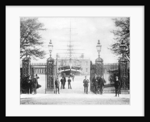 Entrance to Greenwich Hospital School with the drill ship 'Fame' and Queen's House beyond by unknown
