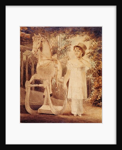 Horatia Nelson in top hat, dress and pantaloons with a rocking horse by unknown