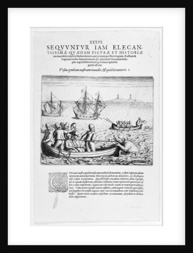 Willem Barents' voyage. Explorers in a boat attacking a bear in Bear Creek, 9 July 1594 by Johann Theodor de Bry