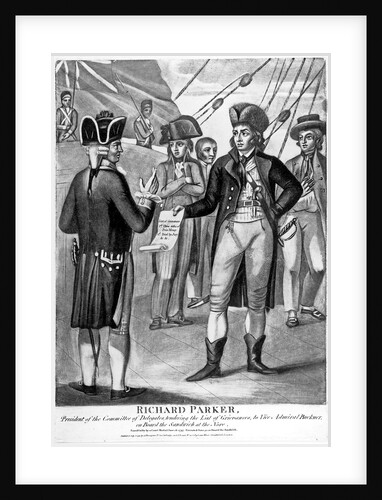 Richard Parker, President of the Committee of Delegates, tendering the list of grievances to Vice Admiral Buckner, on board the 'Sandwich' at the Nore by unknown