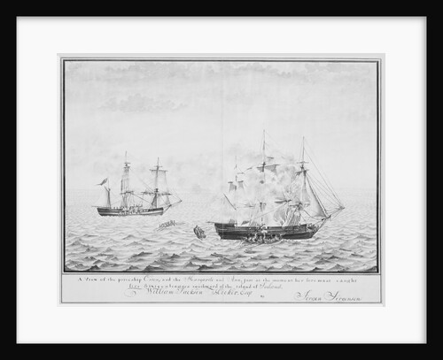 A view of the prize ship 'Orion' and the 'Margarite' and 'Ann' just at the moment her foremast caught fire xixteen leagues southward of the island of Iceland, circa 1808 by Jorgen Jorgensen