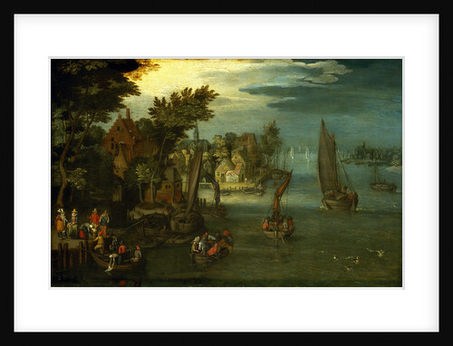 A busy river scene with Dutch vessels and a ferry by Jan Brueghel the Elder