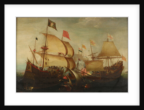 An English and a Dutch ship attacking a Spaniard by Aert Anthonisz