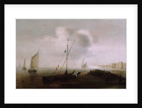 A fishing boat with sail lowered near the shore by Hans Goderis