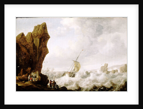 A fishing boat in rough sea off a rocky shore by Julius Porcellis