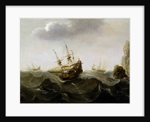 A ship in a rough sea by Cornelisz Verbeecq