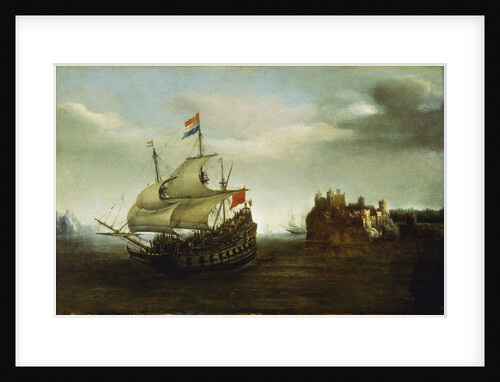 A castle with a Dutch ship sailing nearby by Hendrick Cornelisz Vroom