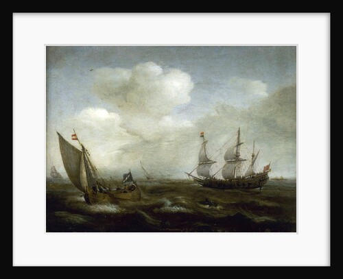 A Dutch ship and fishing boat in a fresh breeze by Hendrick Cornelisz Vroom
