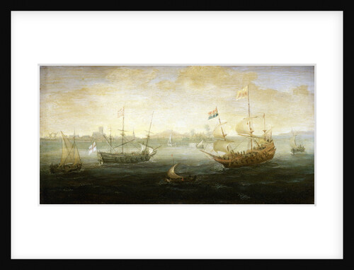 A Dutch and English ship off a harbour by Abraham de Verwer