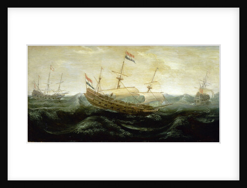 Dutch ships in a rough sea by Abraham de Verwer