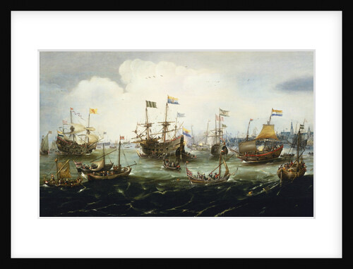 The return of the Dutch East India Fleet, 1 May 1599, the 'Hollandia', 'Mauritius', 'Amsterdam' and 'Duykfen' in harbour by Andries van Eertvelt