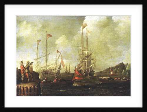 Harbour scene: Spanish ships approaching a jetty by Sebastian Castro