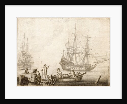 Men in a boat near two Dutch ships by Experiens Sillemans