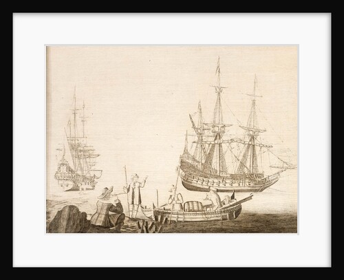 Men in a boat near two Dutch ships by Experiens Sillemans