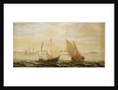 A yacht and a small vessel underway off a Dutch harbour by Cornelisz Verbeecq